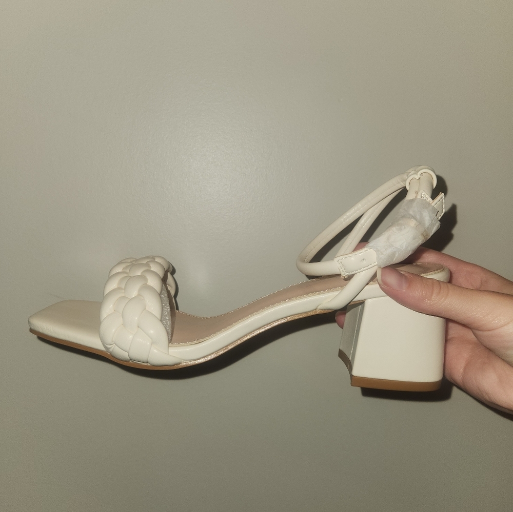 Cream Braided Block Heel Sandals